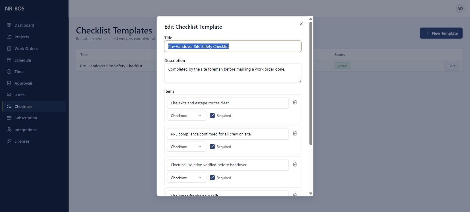 Checklist template editor with checkbox and text items marked required