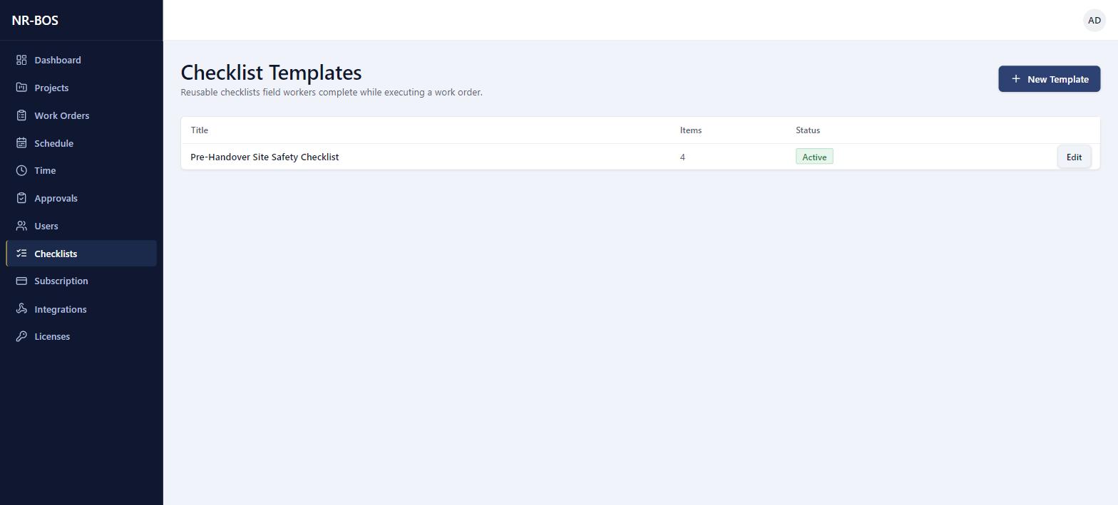 Checklist template list showing item count and active status