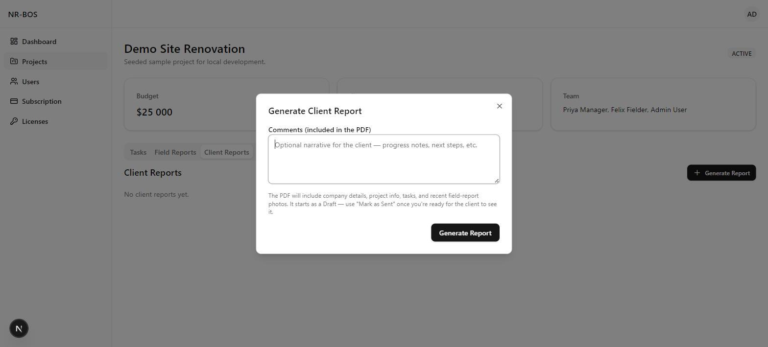 Generate Client Report dialog with a comments field for the client-facing narrative