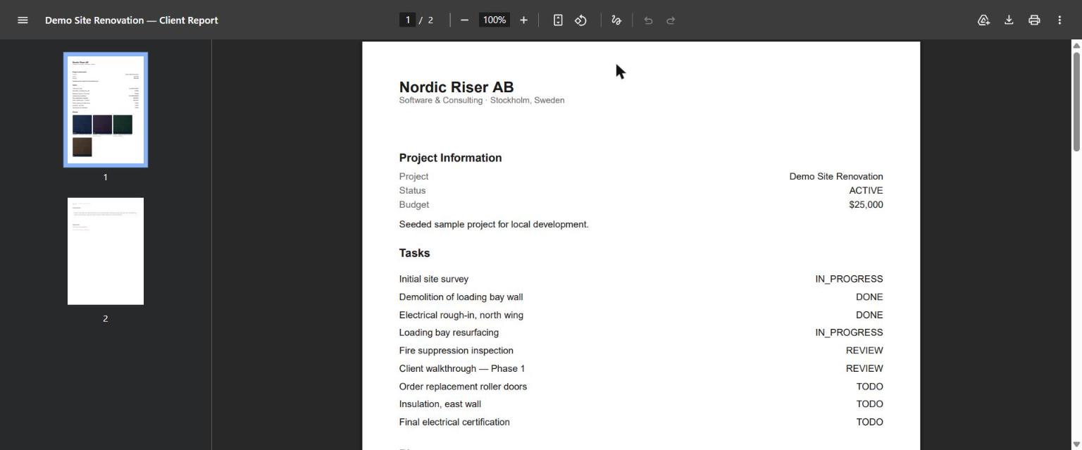 Generated client report PDF showing company details, project information, and task status