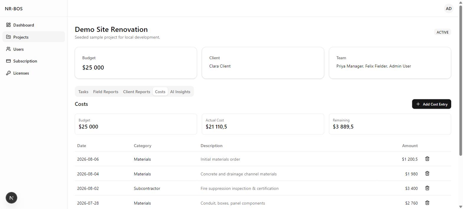 Cost ledger listing dated entries by category with running budget and remaining balance