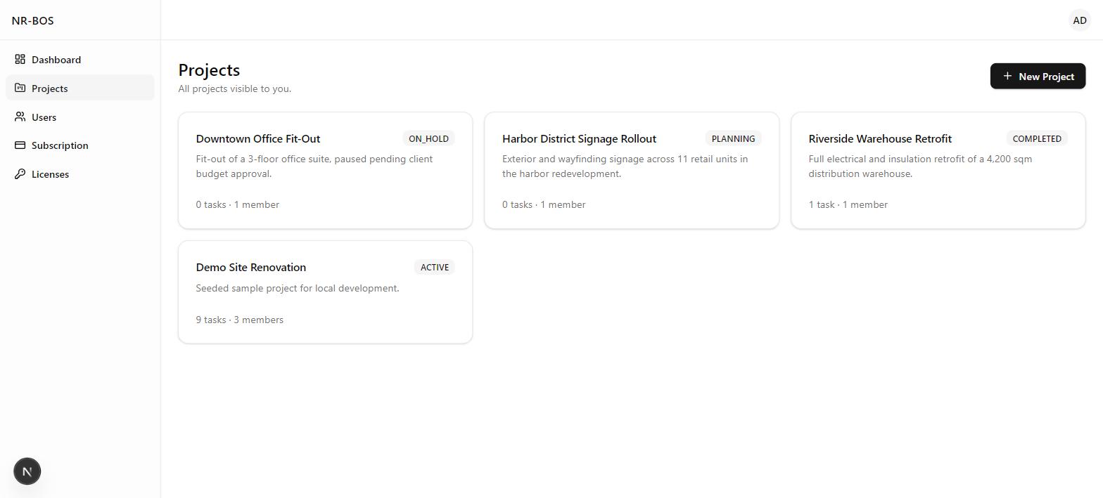 List of four NR-BOS projects with status badges — active, on hold, planning, and completed