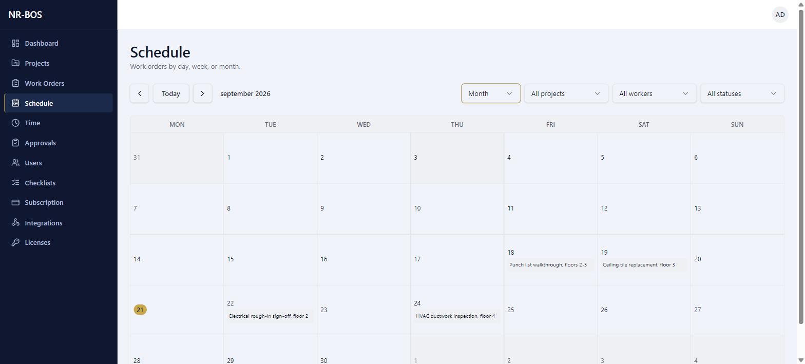 Month calendar showing work orders scheduled across September