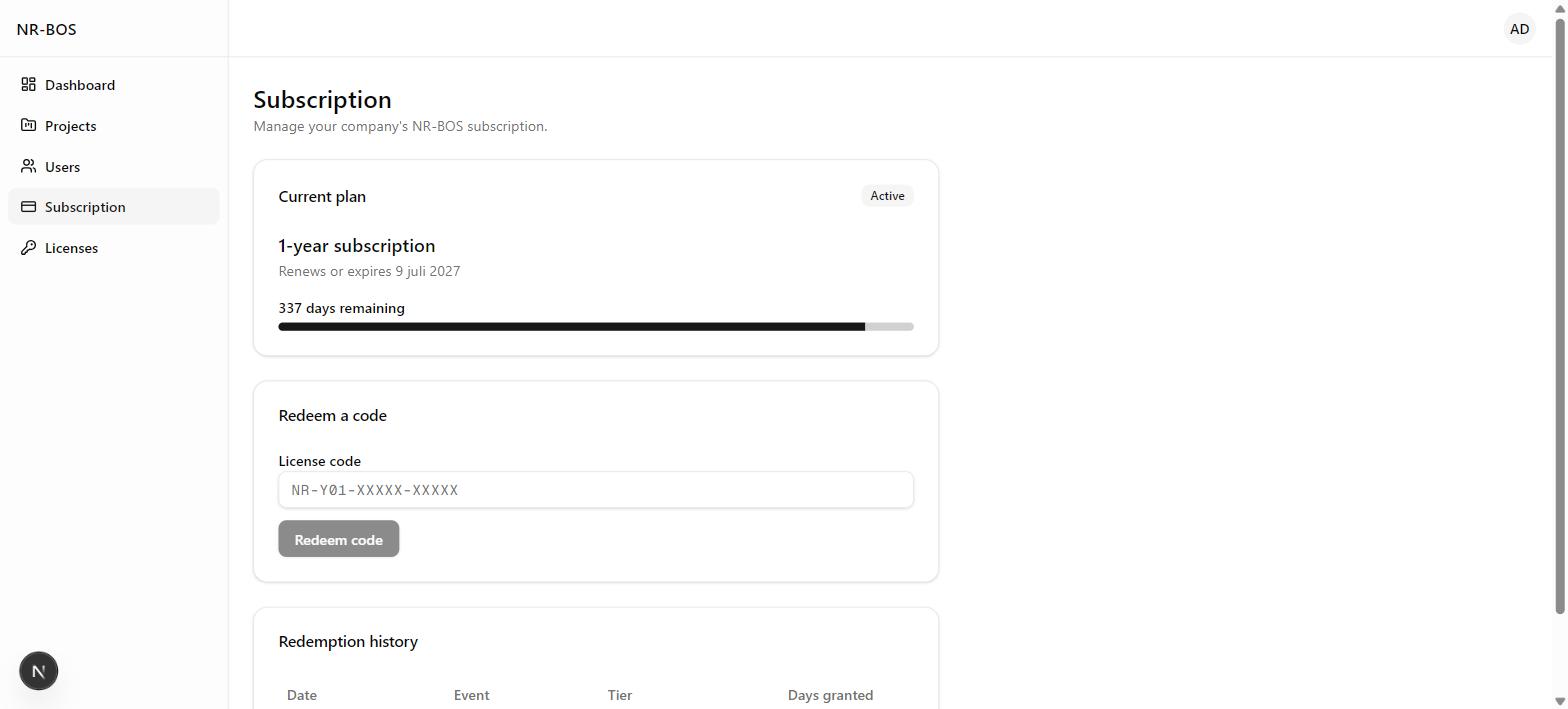 Active subscription plan with renewal date and a redeemable license code field