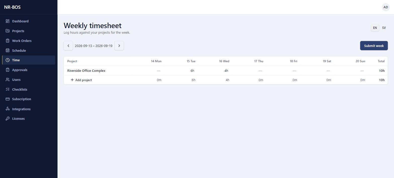 Weekly timesheet with hours logged against a project by day